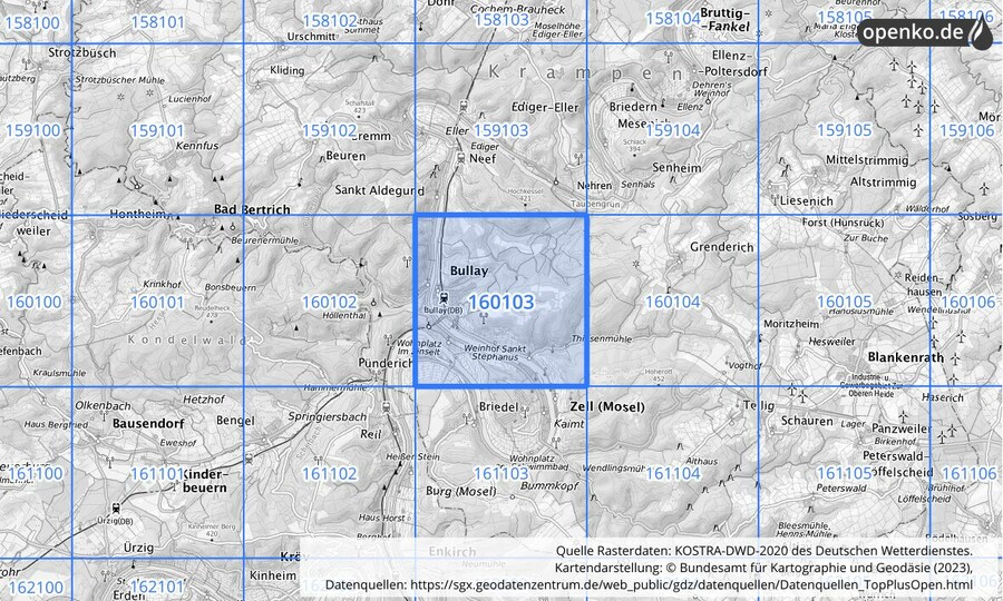 Übersichtskarte des KOSTRA-DWD-2020-Rasterfeldes Nr. 160103