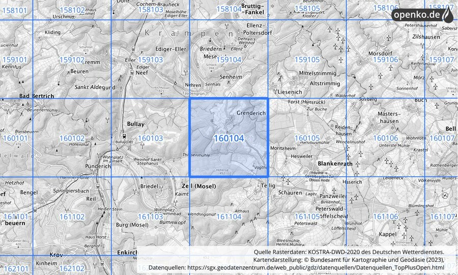 Übersichtskarte des KOSTRA-DWD-2020-Rasterfeldes Nr. 160104