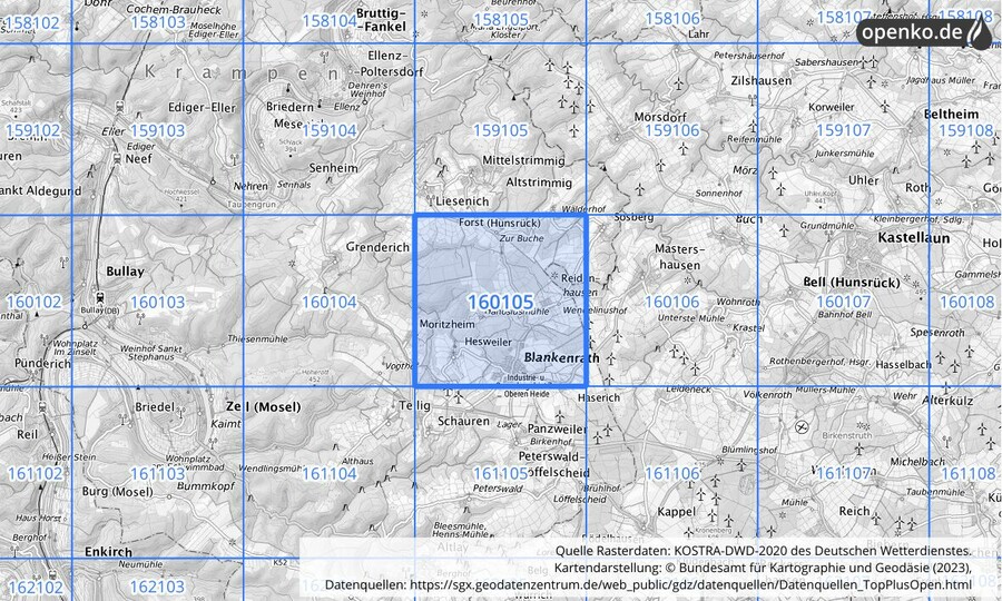 Übersichtskarte des KOSTRA-DWD-2020-Rasterfeldes Nr. 160105
