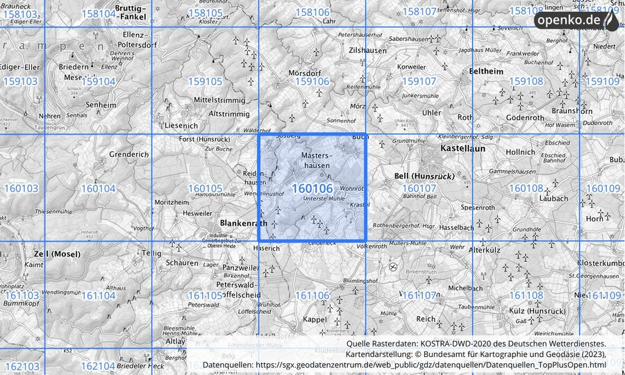 Übersichtskarte des KOSTRA-DWD-2020-Rasterfeldes Nr. 160106