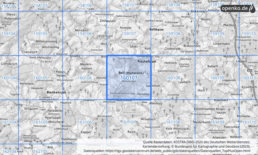 Übersichtskarte des KOSTRA-DWD-2020-Rasterfeldes Nr. 160107