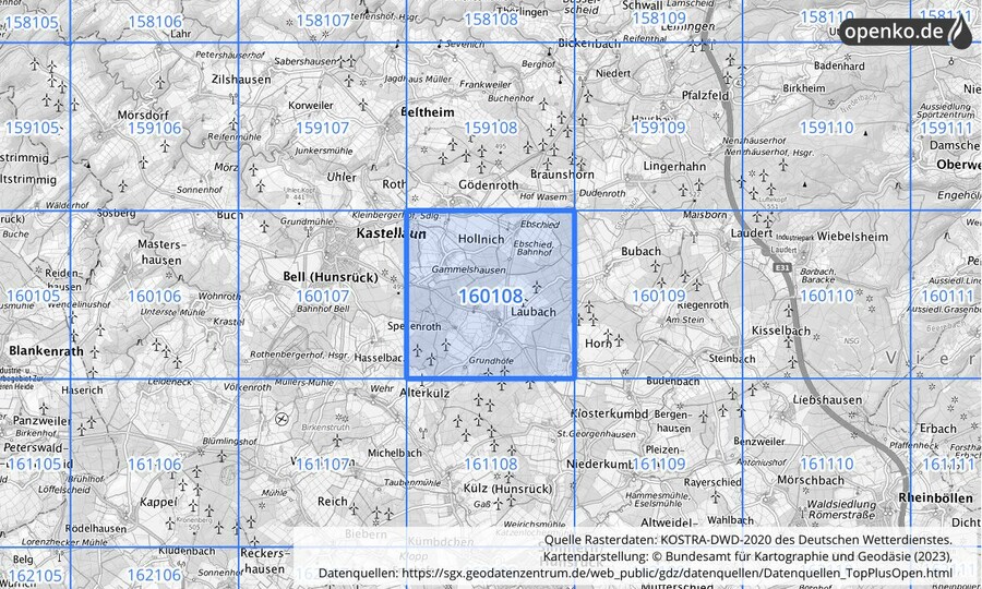 Übersichtskarte des KOSTRA-DWD-2020-Rasterfeldes Nr. 160108