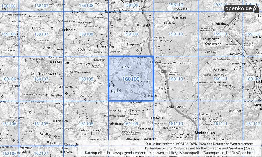 Übersichtskarte des KOSTRA-DWD-2020-Rasterfeldes Nr. 160109
