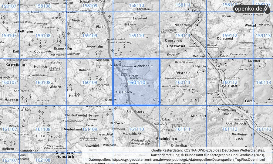 Übersichtskarte des KOSTRA-DWD-2020-Rasterfeldes Nr. 160110