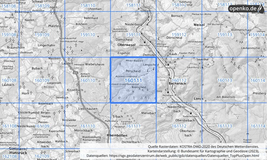 Übersichtskarte des KOSTRA-DWD-2020-Rasterfeldes Nr. 160111