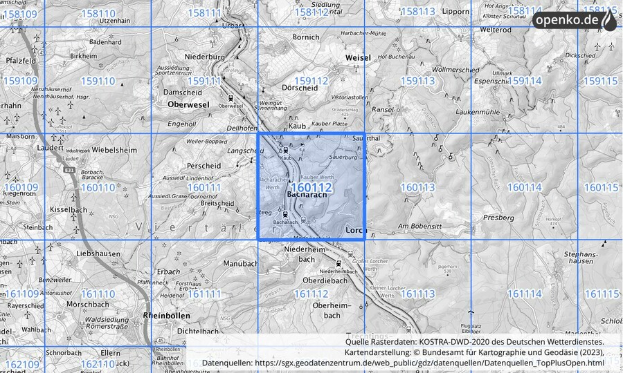 Übersichtskarte des KOSTRA-DWD-2020-Rasterfeldes Nr. 160112