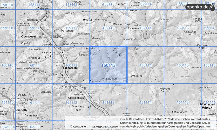 Übersichtskarte des KOSTRA-DWD-2020-Rasterfeldes Nr. 160113