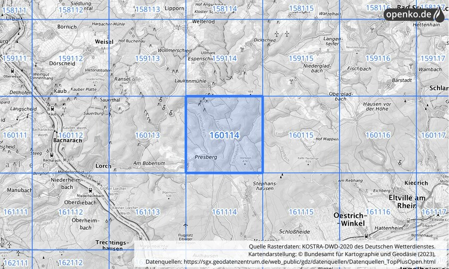Übersichtskarte des KOSTRA-DWD-2020-Rasterfeldes Nr. 160114