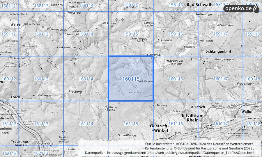 Übersichtskarte des KOSTRA-DWD-2020-Rasterfeldes Nr. 160115