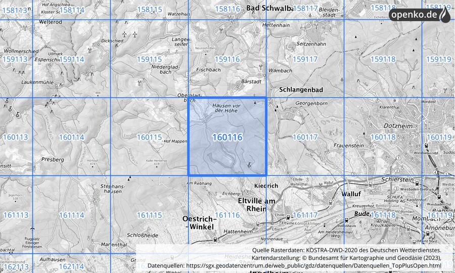 Übersichtskarte des KOSTRA-DWD-2020-Rasterfeldes Nr. 160116