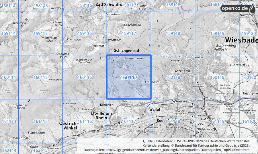 Übersichtskarte des KOSTRA-DWD-2020-Rasterfeldes Nr. 160117