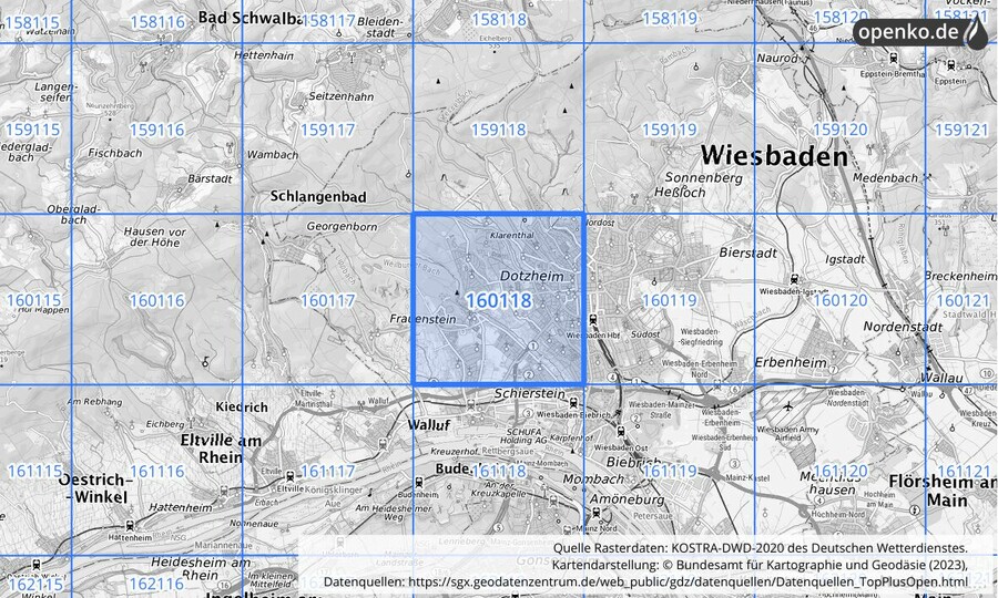 Übersichtskarte des KOSTRA-DWD-2020-Rasterfeldes Nr. 160118