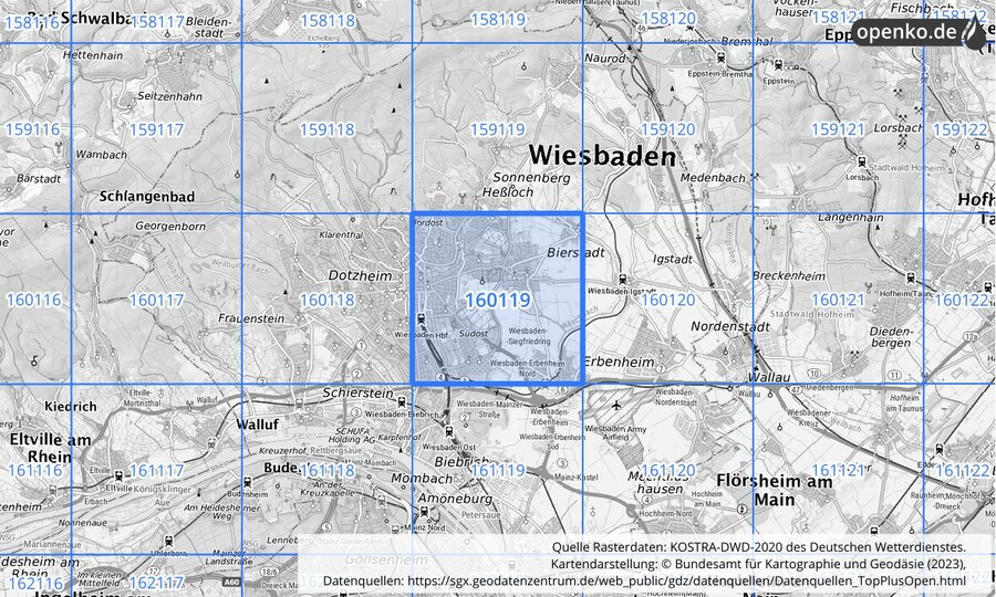 Übersichtskarte des KOSTRA-DWD-2020-Rasterfeldes Nr. 160119