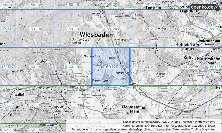 Übersichtskarte des KOSTRA-DWD-2020-Rasterfeldes Nr. 160120