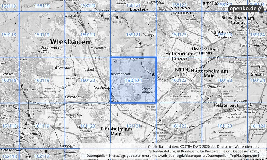 Übersichtskarte des KOSTRA-DWD-2020-Rasterfeldes Nr. 160121