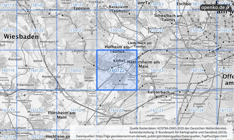 Übersichtskarte des KOSTRA-DWD-2020-Rasterfeldes Nr. 160122