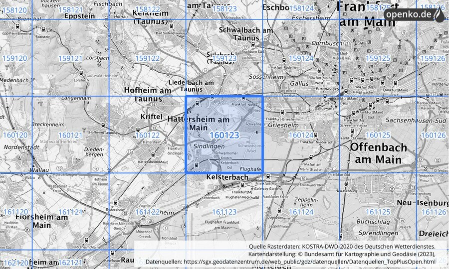 Übersichtskarte des KOSTRA-DWD-2020-Rasterfeldes Nr. 160123