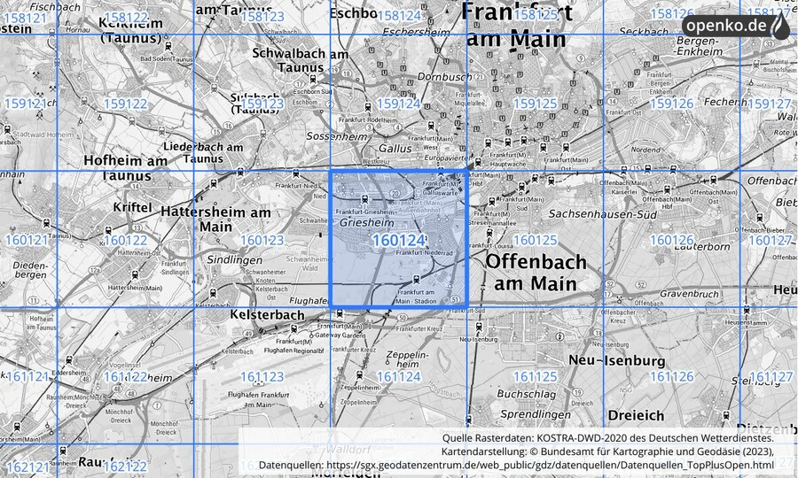 Übersichtskarte des KOSTRA-DWD-2020-Rasterfeldes Nr. 160124