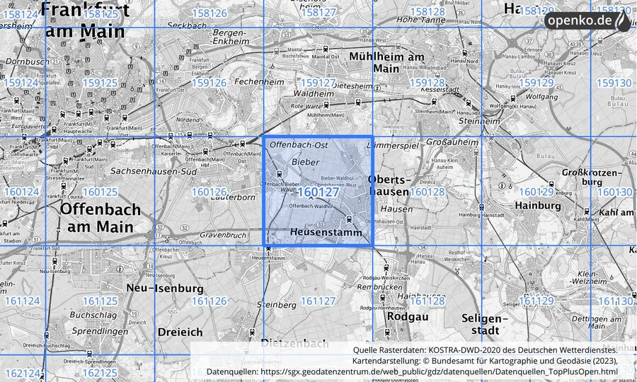 Übersichtskarte des KOSTRA-DWD-2020-Rasterfeldes Nr. 160127