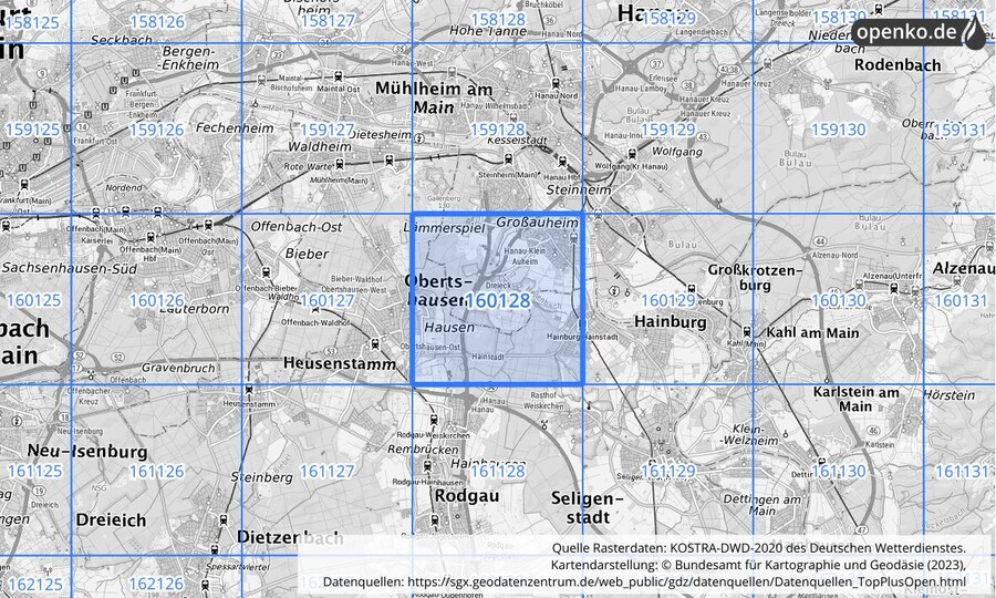 Übersichtskarte des KOSTRA-DWD-2020-Rasterfeldes Nr. 160128