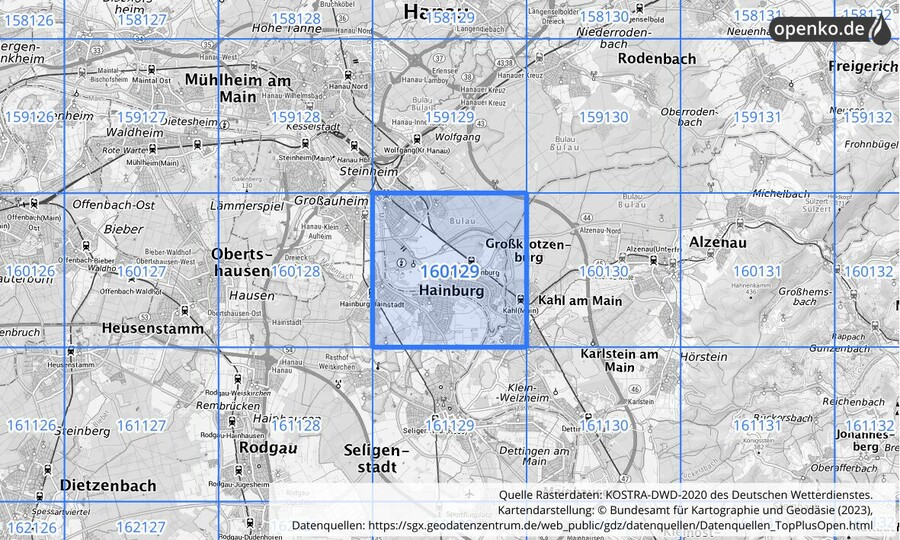 Übersichtskarte des KOSTRA-DWD-2020-Rasterfeldes Nr. 160129
