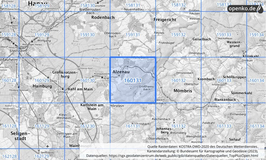 Übersichtskarte des KOSTRA-DWD-2020-Rasterfeldes Nr. 160131