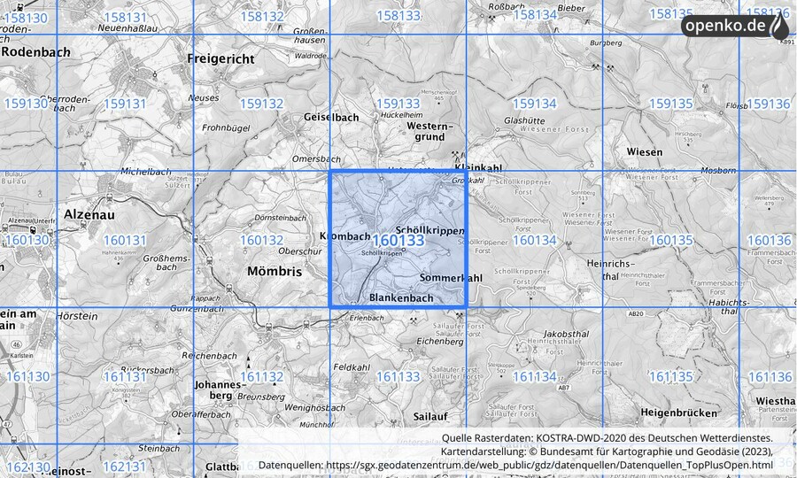 Übersichtskarte des KOSTRA-DWD-2020-Rasterfeldes Nr. 160133