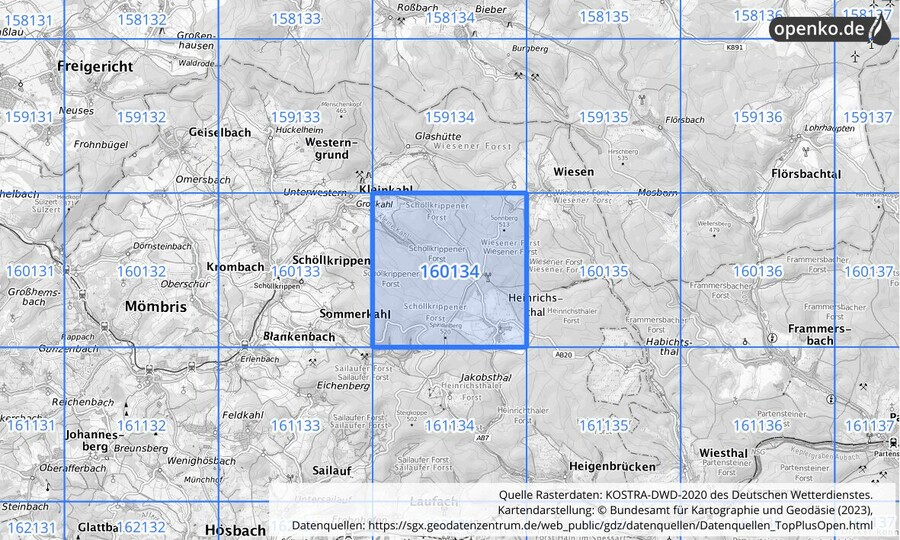 Übersichtskarte des KOSTRA-DWD-2020-Rasterfeldes Nr. 160134