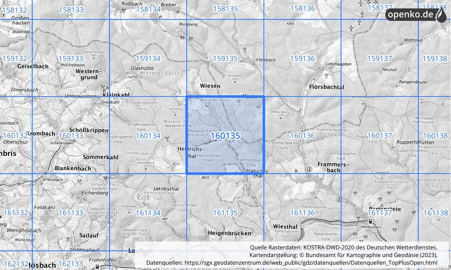 Übersichtskarte des KOSTRA-DWD-2020-Rasterfeldes Nr. 160135