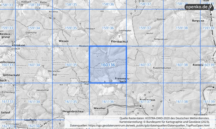 Übersichtskarte des KOSTRA-DWD-2020-Rasterfeldes Nr. 160136