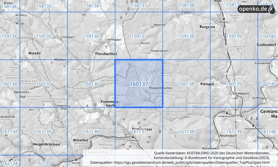 Übersichtskarte des KOSTRA-DWD-2020-Rasterfeldes Nr. 160137
