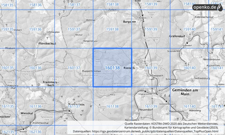Übersichtskarte des KOSTRA-DWD-2020-Rasterfeldes Nr. 160138