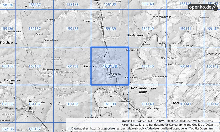 Übersichtskarte des KOSTRA-DWD-2020-Rasterfeldes Nr. 160139