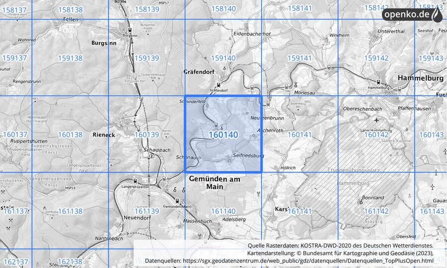 Übersichtskarte des KOSTRA-DWD-2020-Rasterfeldes Nr. 160140