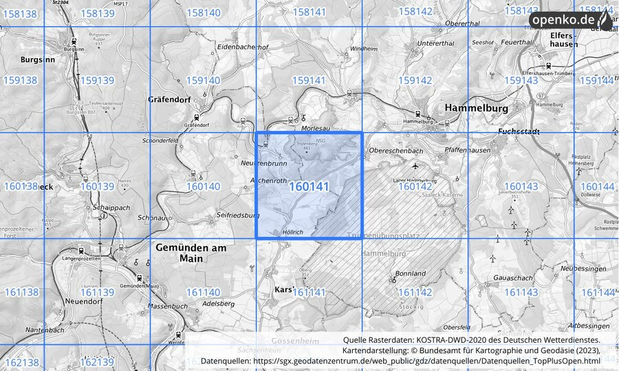 Übersichtskarte des KOSTRA-DWD-2020-Rasterfeldes Nr. 160141