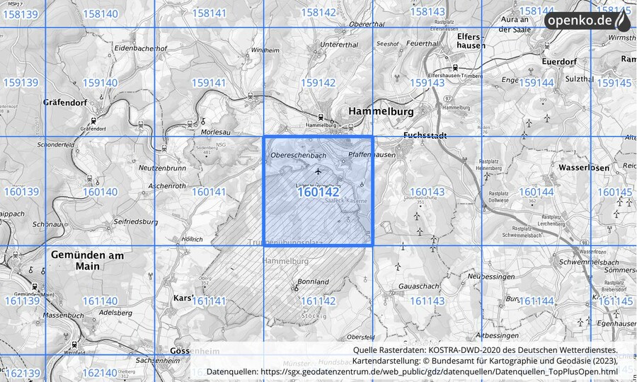 Übersichtskarte des KOSTRA-DWD-2020-Rasterfeldes Nr. 160142