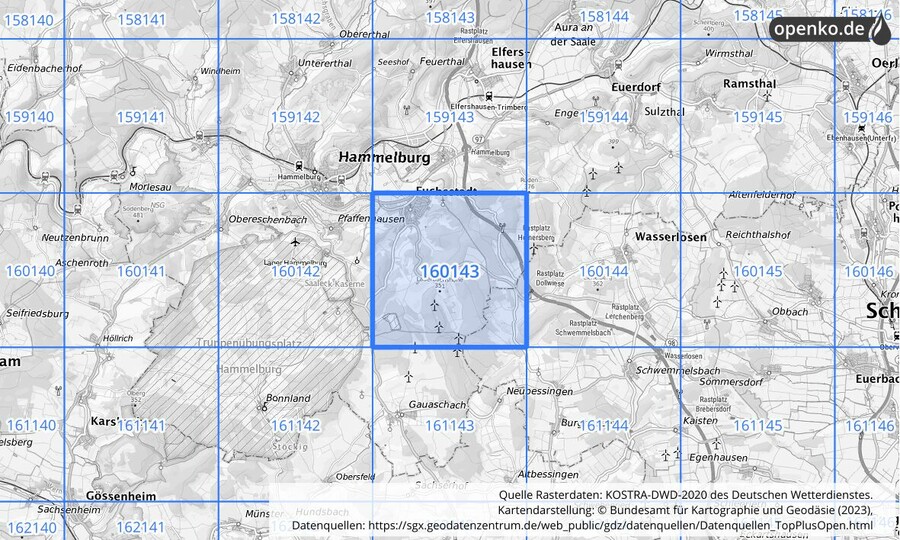 Übersichtskarte des KOSTRA-DWD-2020-Rasterfeldes Nr. 160143