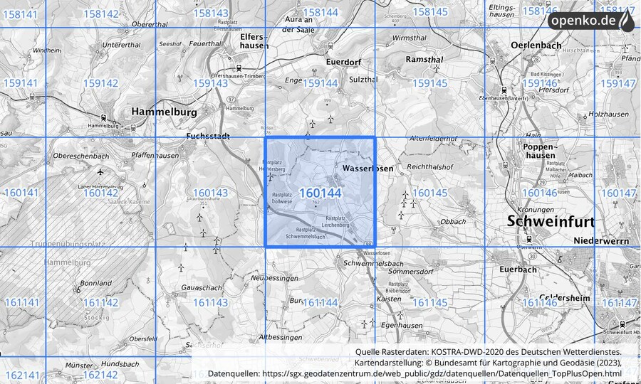 Übersichtskarte des KOSTRA-DWD-2020-Rasterfeldes Nr. 160144