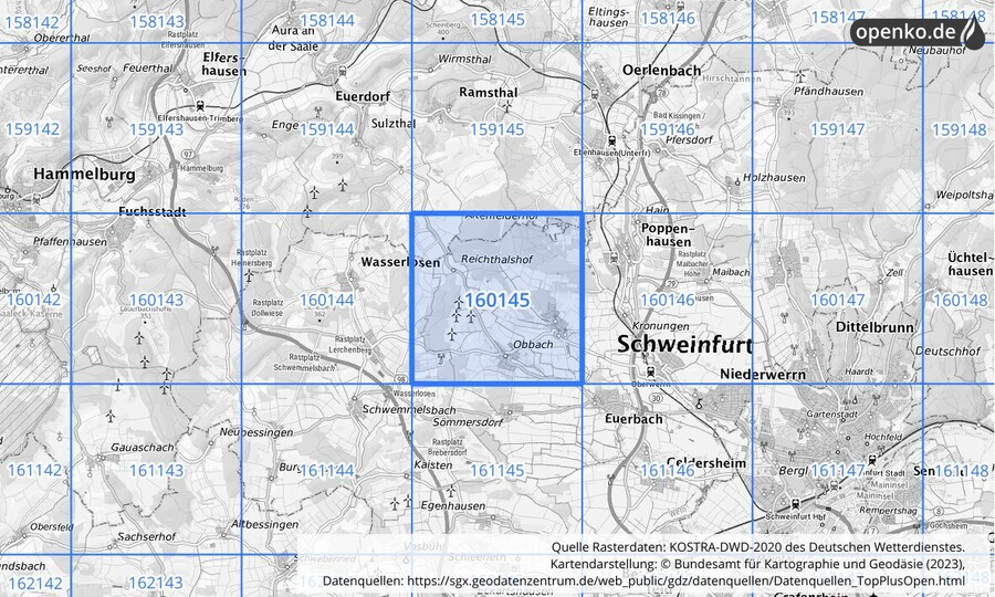 Übersichtskarte des KOSTRA-DWD-2020-Rasterfeldes Nr. 160145