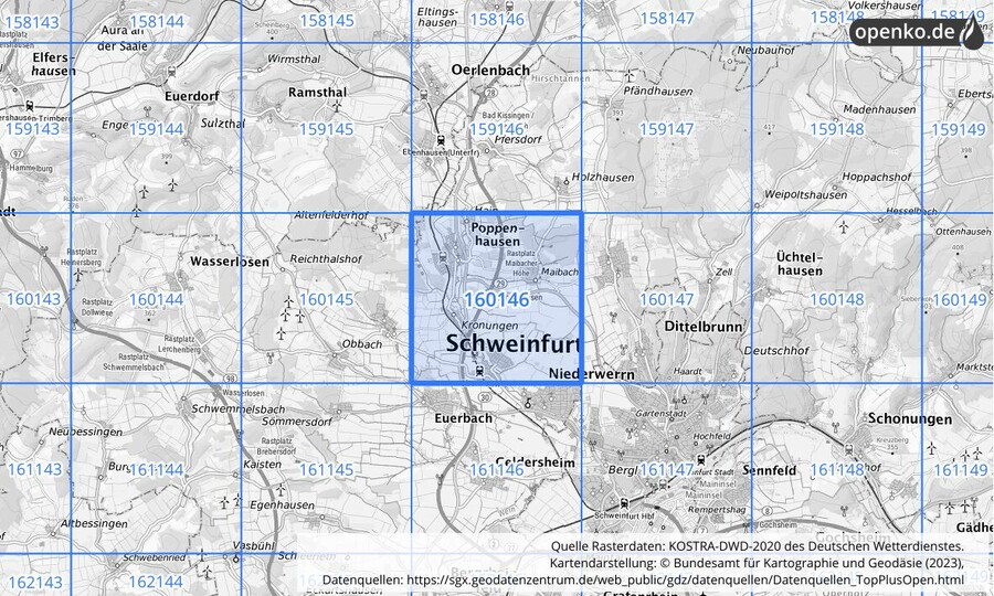Übersichtskarte des KOSTRA-DWD-2020-Rasterfeldes Nr. 160146