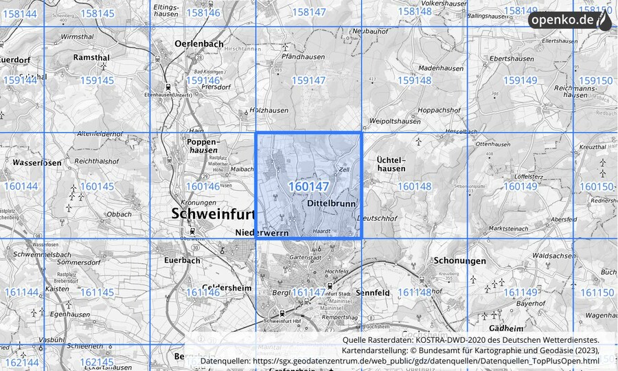 Übersichtskarte des KOSTRA-DWD-2020-Rasterfeldes Nr. 160147
