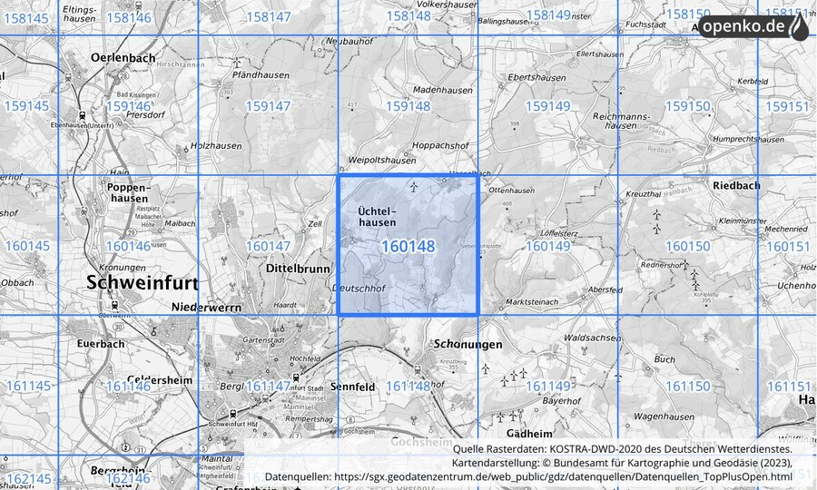 Übersichtskarte des KOSTRA-DWD-2020-Rasterfeldes Nr. 160148
