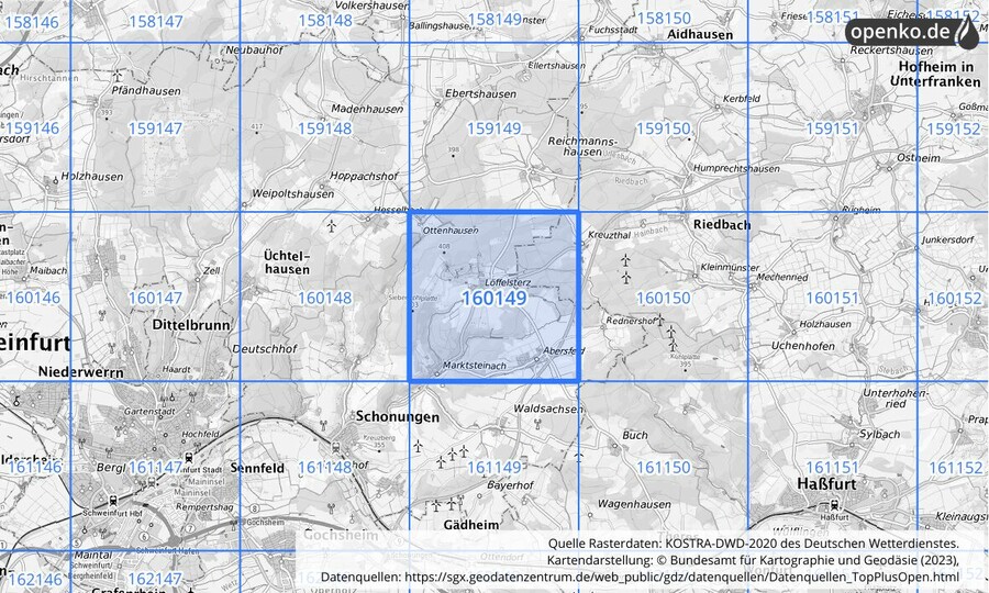 Übersichtskarte des KOSTRA-DWD-2020-Rasterfeldes Nr. 160149