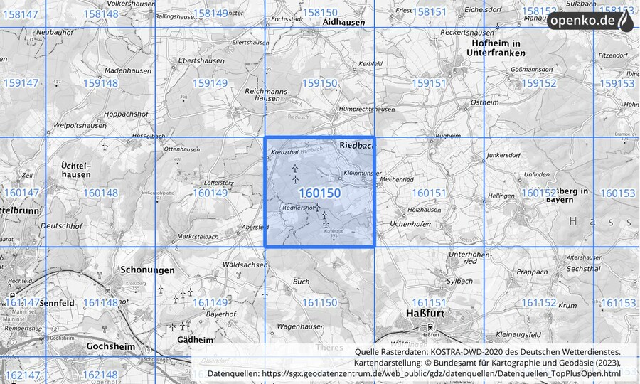 Übersichtskarte des KOSTRA-DWD-2020-Rasterfeldes Nr. 160150