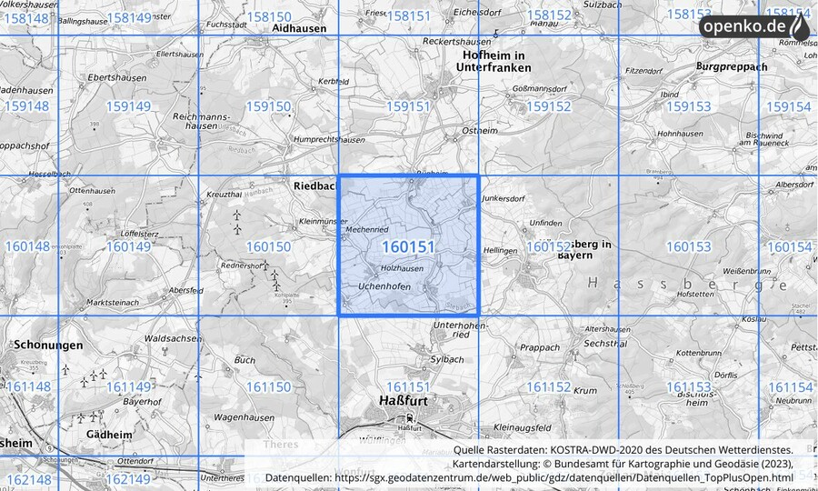 Übersichtskarte des KOSTRA-DWD-2020-Rasterfeldes Nr. 160151