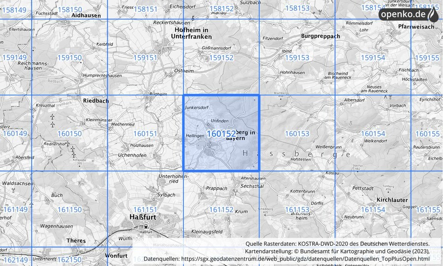 Übersichtskarte des KOSTRA-DWD-2020-Rasterfeldes Nr. 160152