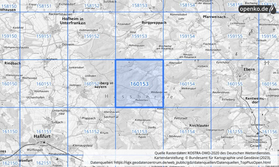 Übersichtskarte des KOSTRA-DWD-2020-Rasterfeldes Nr. 160153