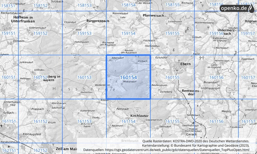 Übersichtskarte des KOSTRA-DWD-2020-Rasterfeldes Nr. 160154