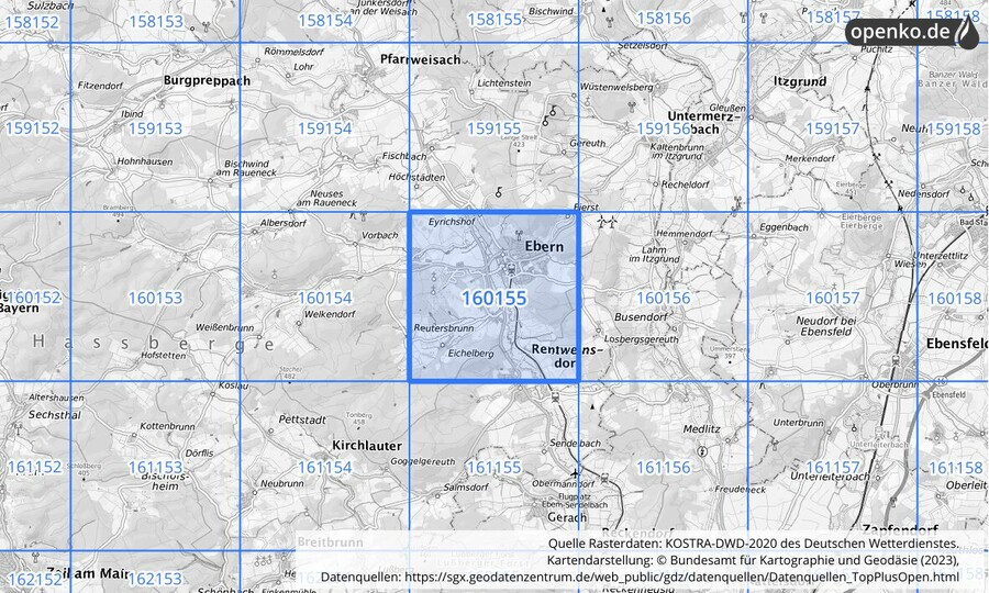 Übersichtskarte des KOSTRA-DWD-2020-Rasterfeldes Nr. 160155