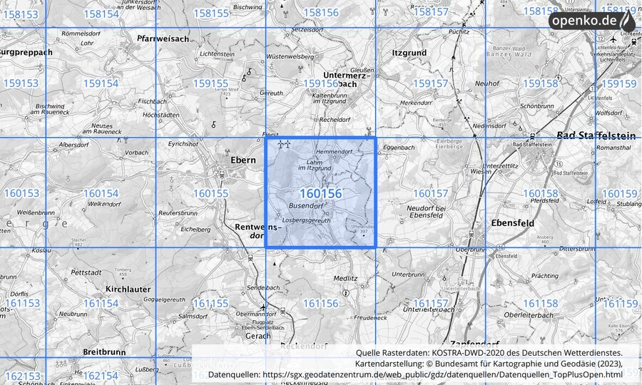 Übersichtskarte des KOSTRA-DWD-2020-Rasterfeldes Nr. 160156